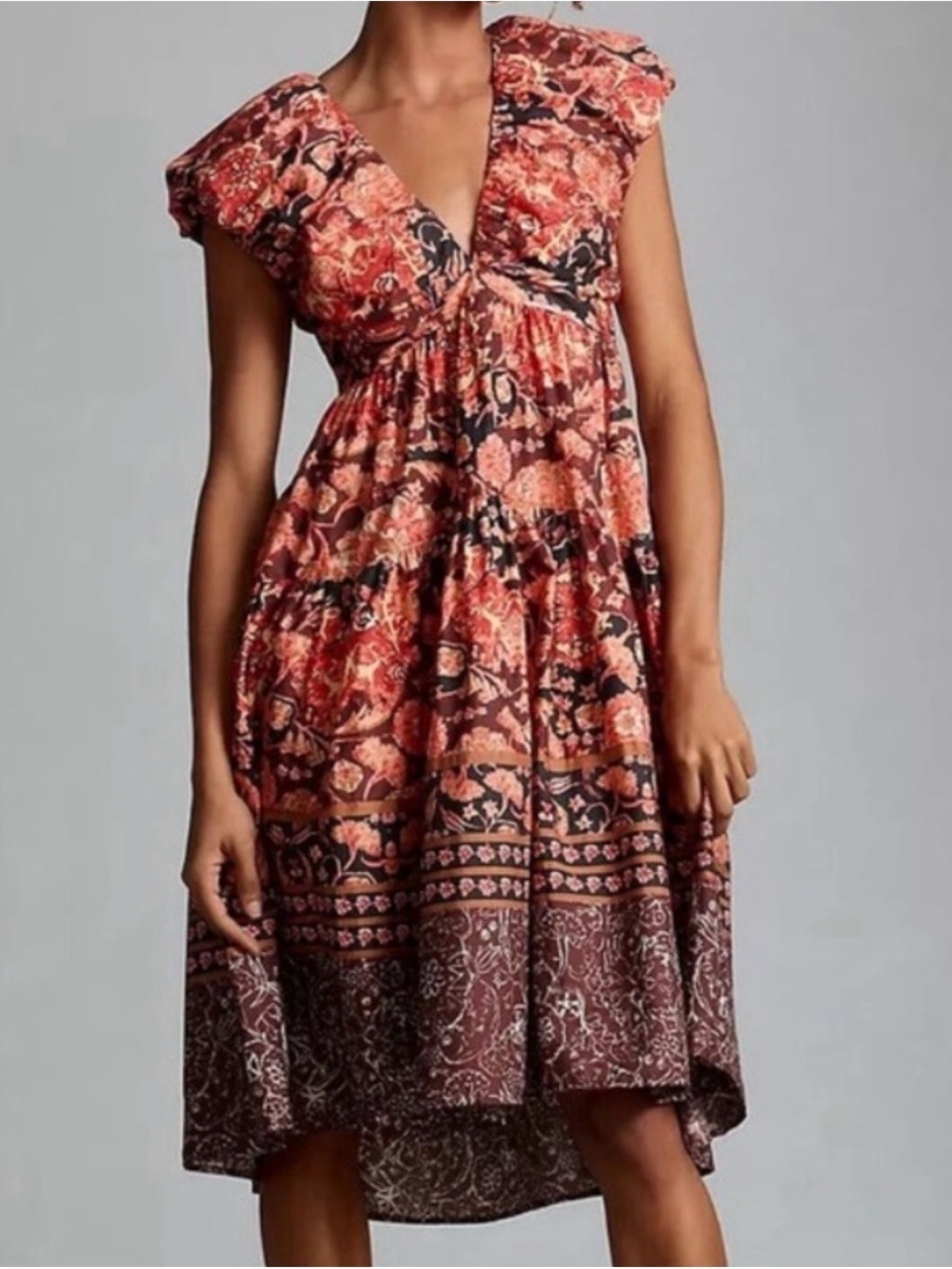 Anthropologie Rust-Pink and Black Floral High-Low Midi Dress